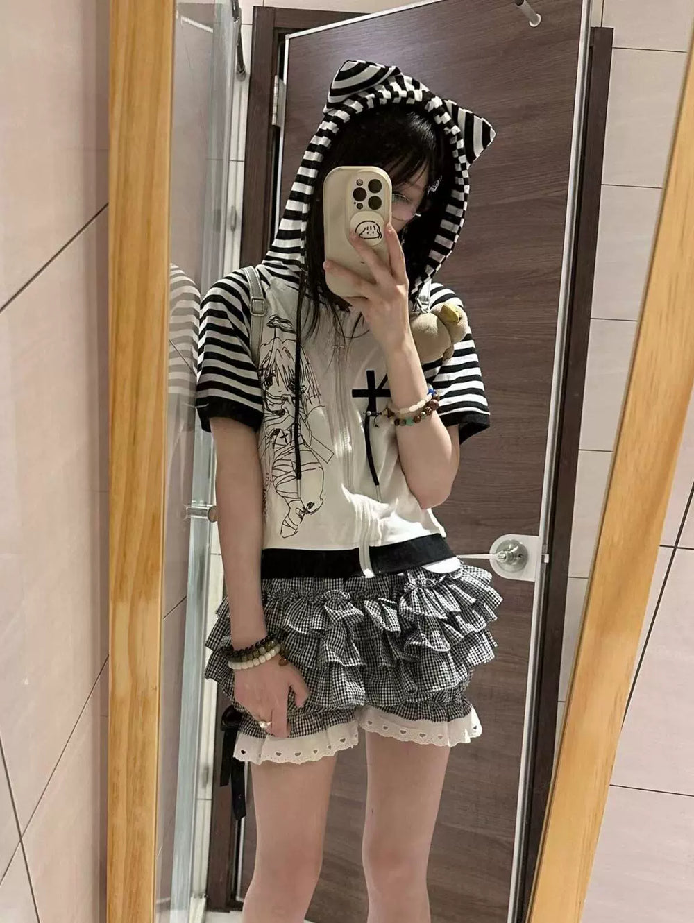 Yami Kawaii T-shirt Black and White Striped Top With Hood 37272:553544 37272:553544