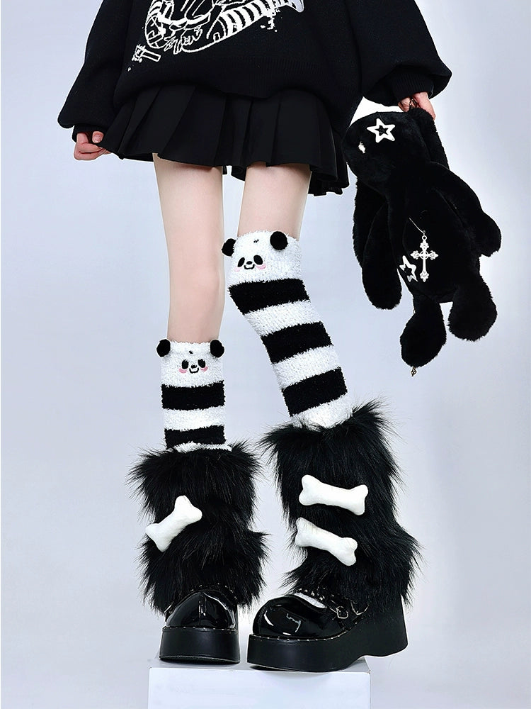 Y2K Socks Black Plush Leg Warmers Striped Knee Socks 39750:640760