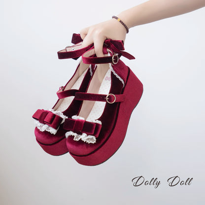 Lolita Shoes Round-Toe Platform Shoes With Velvet Bow (34 35 36 37 38 39 40 / Burgundy) 37132:552756