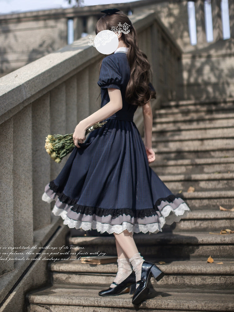 Navy Preppy Style Long Dress, Peter Pan Collar 43648:782297