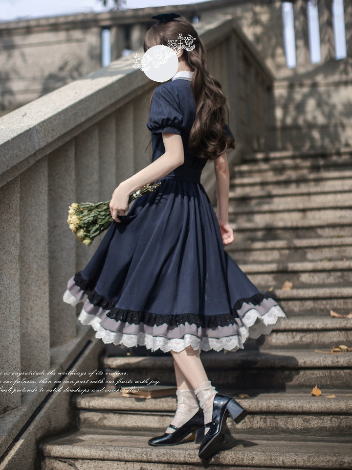 Navy Preppy Style Long Dress, Peter Pan Collar 43648:782297