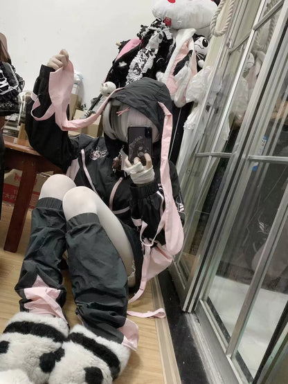 Jirai Kei Outfit Set Cyberpunk Coat Black Pink Thin Jacket 37568:563348
