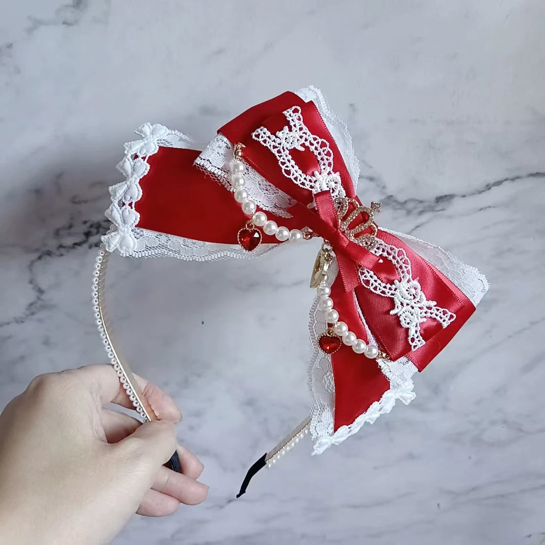 Jirai Kei Pearl-edged Headband, Crown & Heart Rhinestone 45073:833620