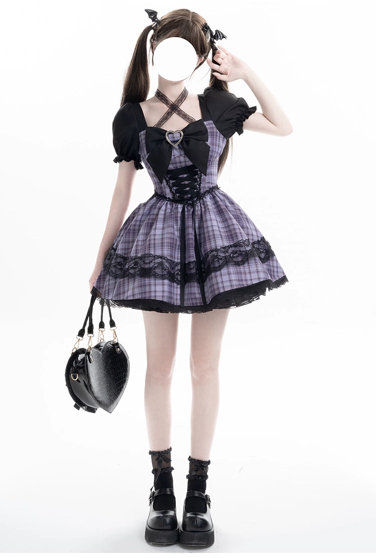 Jirai Kei Dress Puff Sleeves Purple Dress Heart Buckle Dress 36418:570232