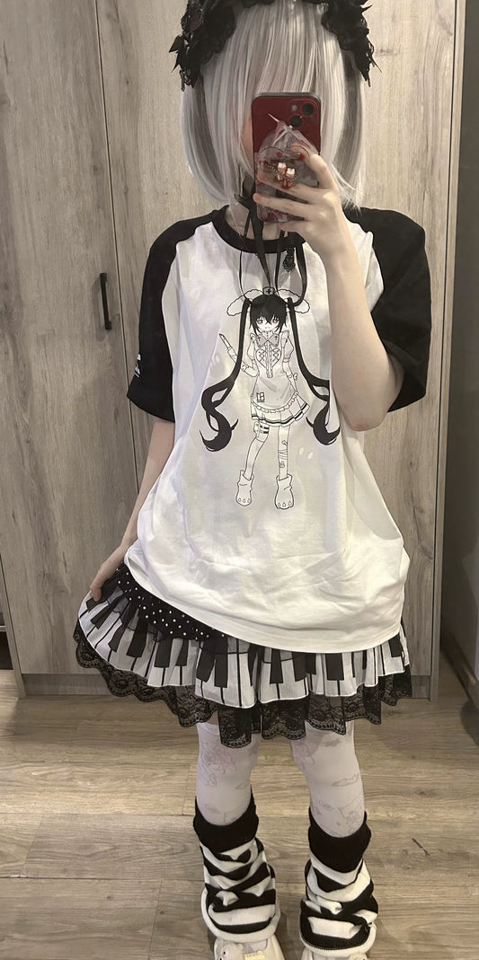 Jirai Kei Black White T-shirt With Anime Girl Pattern 29218:343434