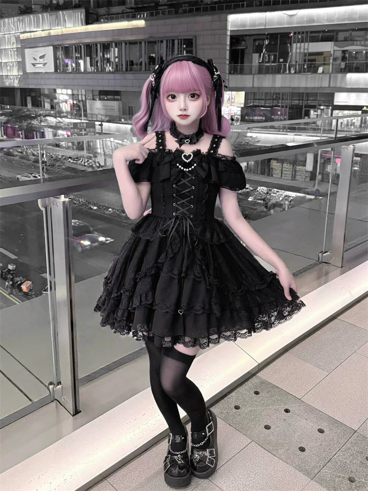 Black Jirai Kei Open Shoulder Dress, Rhinestone Strap 44950:832352