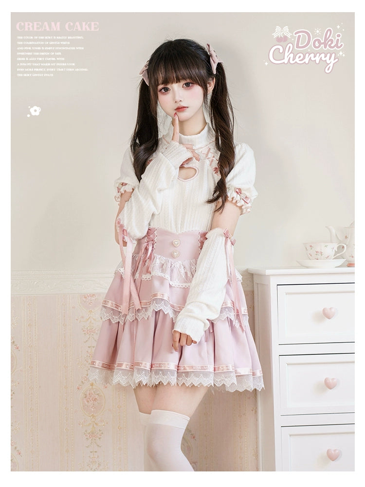 Jirai Kei Sweater Open-shoulder Sweater Pink Tiered Skirt 39408:628052