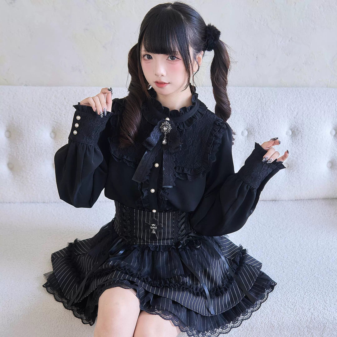 Jirai Kei Stand Collar Ruffle Blouse Black Layered Skirt 41986:721420