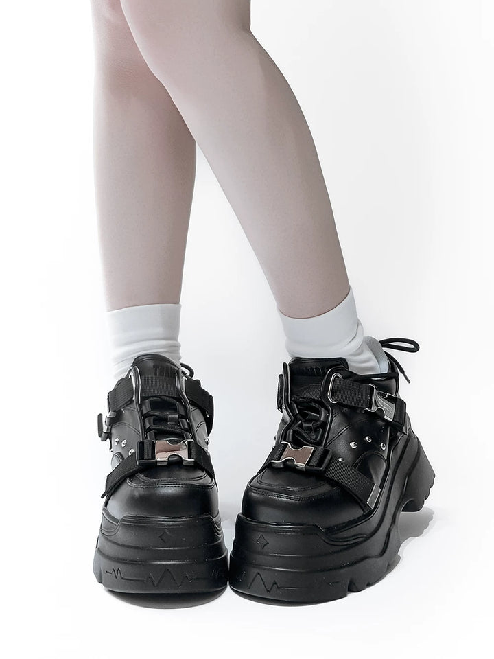 White/Black Punk High Platform Shoes, Metal Buckles 44400:807756