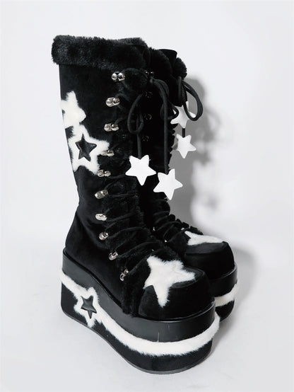 Y2K Platform Shoes Black Plush Combat Boots 33824:439528