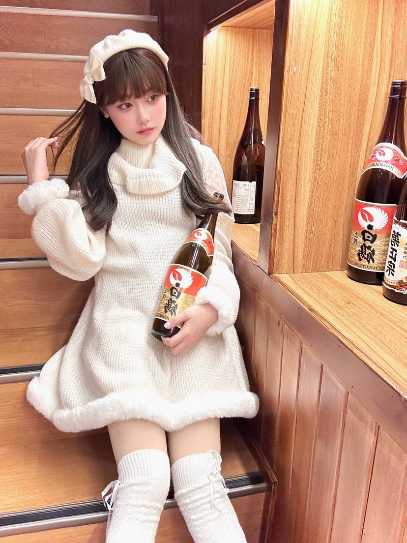 Jirai Kei White Sweater Dress Off-Shoulder Lace Dress 31844:372112