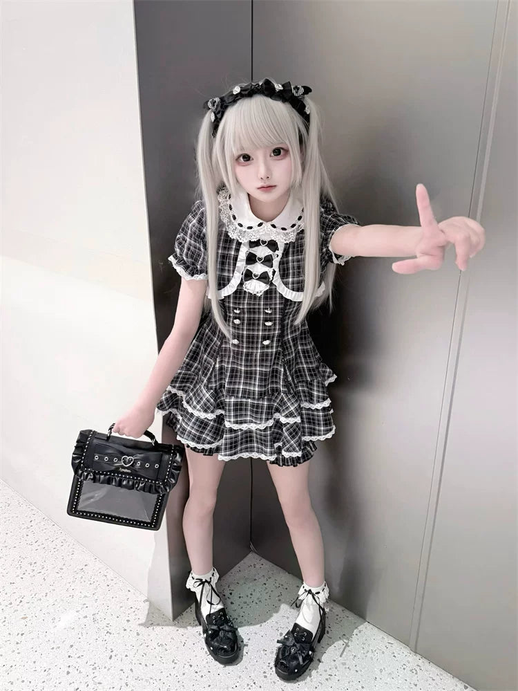 Plaid Jirai Kei Dress Set, Peter-pan Collar 45568:853326