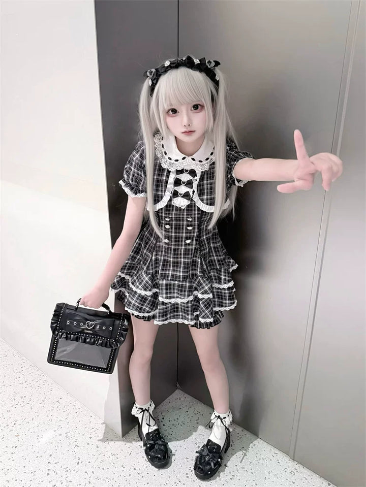 Plaid Jirai Kei Dress Set, Peter-pan Collar 45568:853326