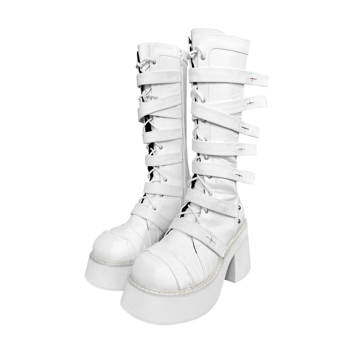 Punk Combat Boots Cross Strap Black White Boots (34 35 36 37 38 39 40 / White) 33822:446144 (34 35 36 37 38 39 40 / White) 33822:446144