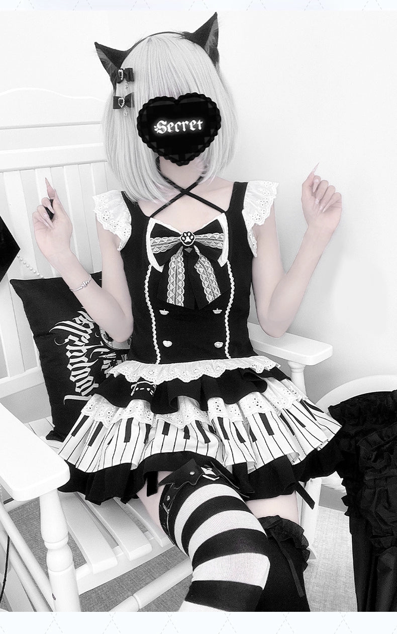 Halter Neck Kawaii Skirt Set, Cat and Piano Print 43577:780199