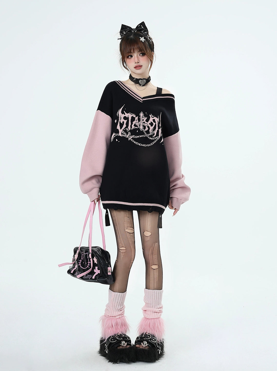 Y2K Sweater Gyaru V-neck Black-Pink Sweater For Winter 41790:713684