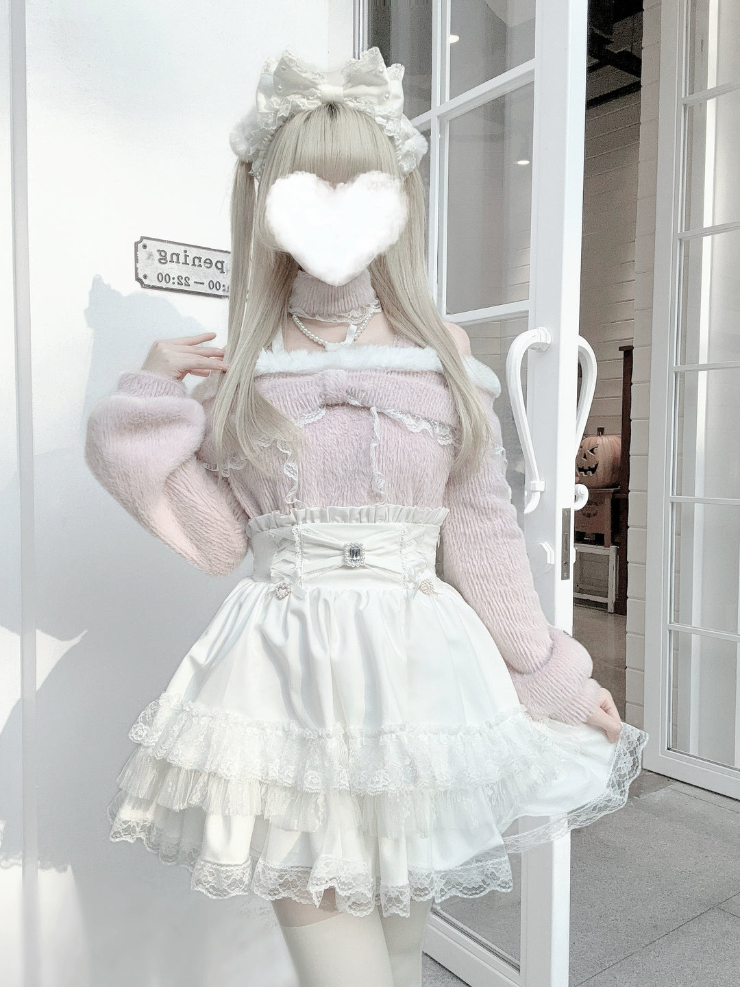 High-Waistband Jirai Kei Skirt, Tiered Lace Hem 44115:803724