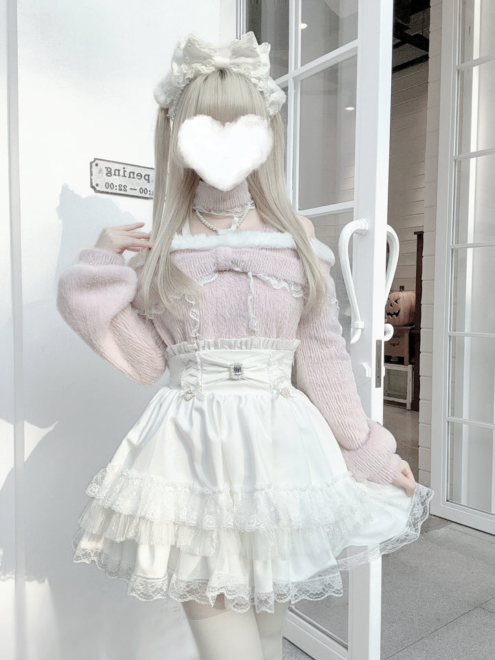 High-Waistband Jirai Kei Skirt, Tiered Lace Hem 44115:803724