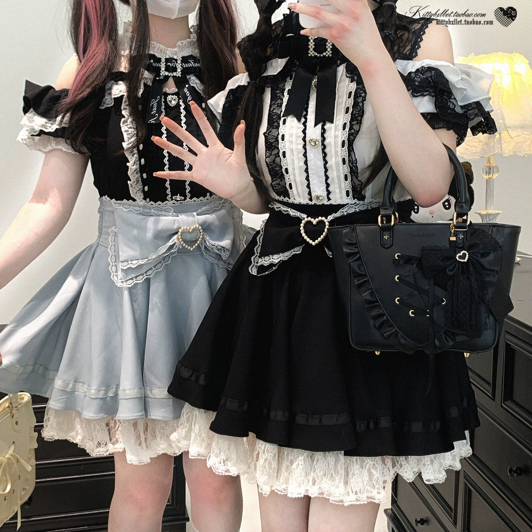 Lace Open Shoulder Jirai Kei Blouse, Heart Rhinestone 43692:783135