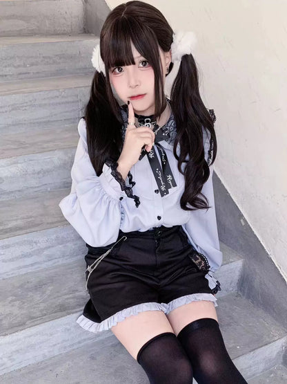 Jirai Kei Lace Collar Long Short Sleeve Blouse and Shorts 21648:314846