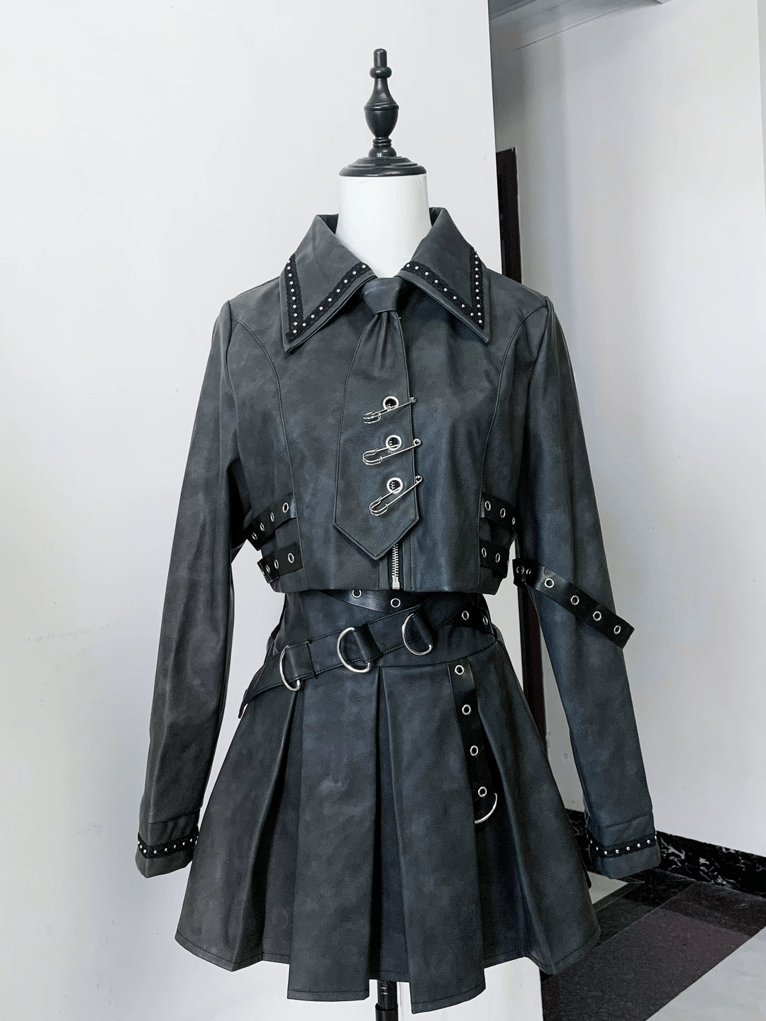 Punk Style PU Jacket, Pleated Skirt (L S) 44568:816007