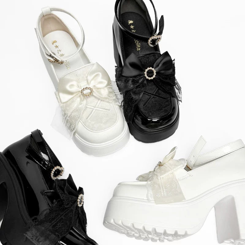 White/Black Jirai Kei Loafer Shoes, High Platform 44889:826008