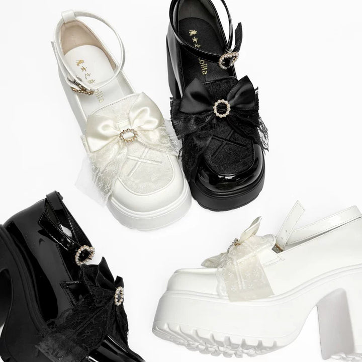 White/Black Jirai Kei Loafer Shoes, High Platform 44889:826008