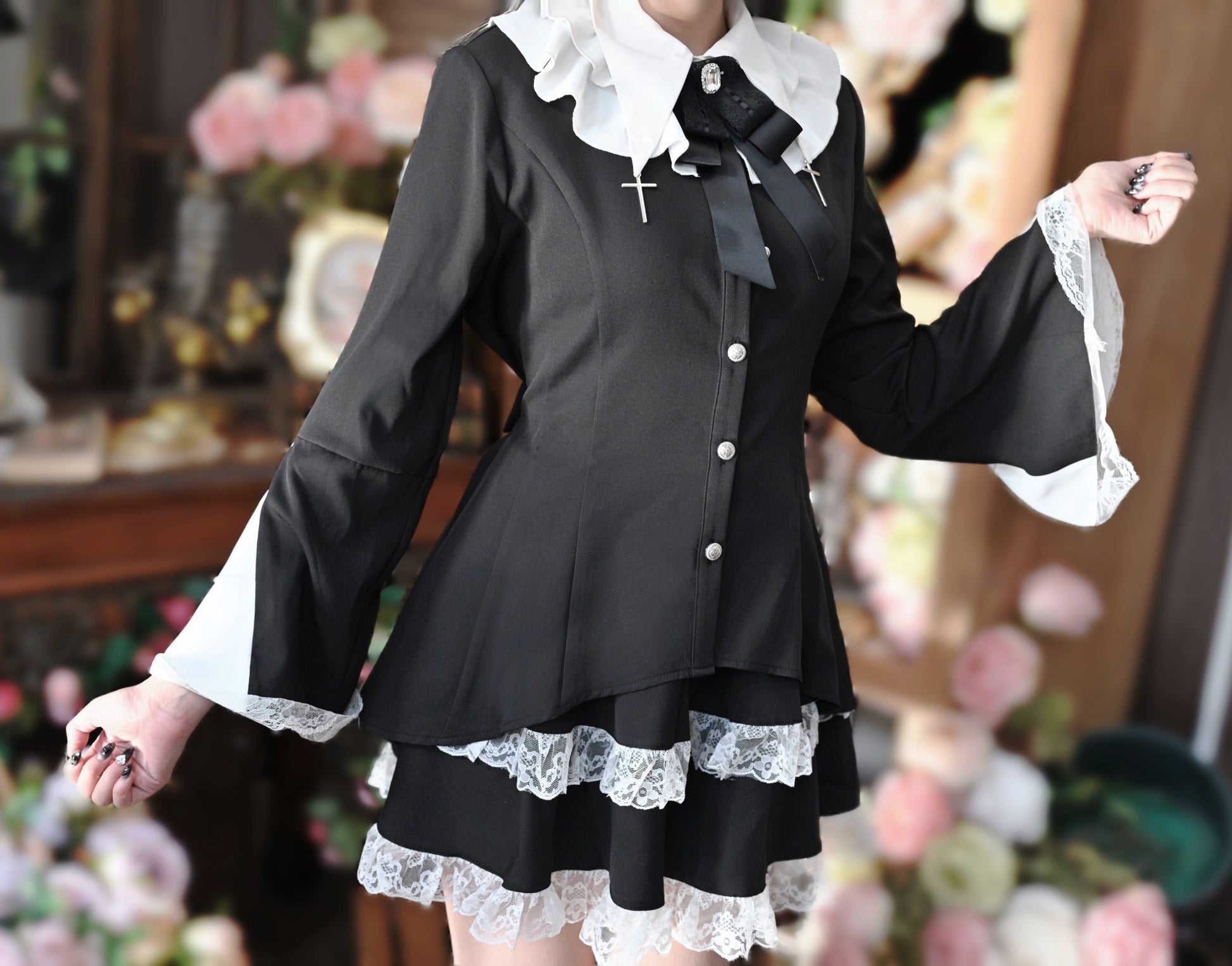 Jirai Kei Set Up Bicolor Shirt Skirt Set Cross Point Collar Lace Blouse 33710:443934
