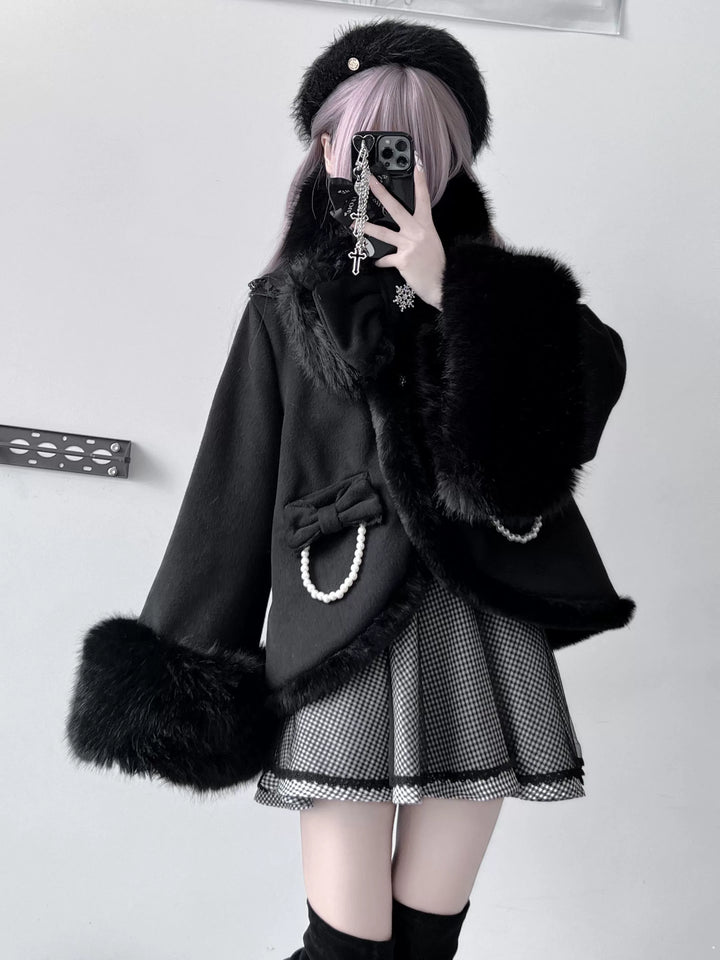 Jirai Kei Wool Coat Fur Collar Big Bow Knot Winter Coat 40572:674288