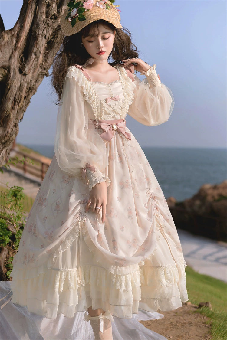 Elegant Lolita Dress Cottagecore Dress Long-Sleeved Beige Dress 36470:515886 36470:515886