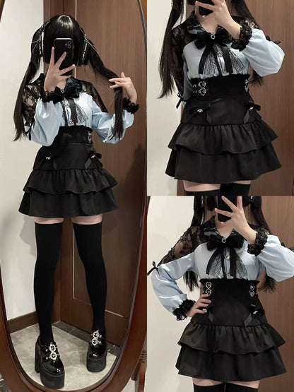 Jirai Kei Blouse Lace Sleeve Shirt And Skirt Set 37858:571012