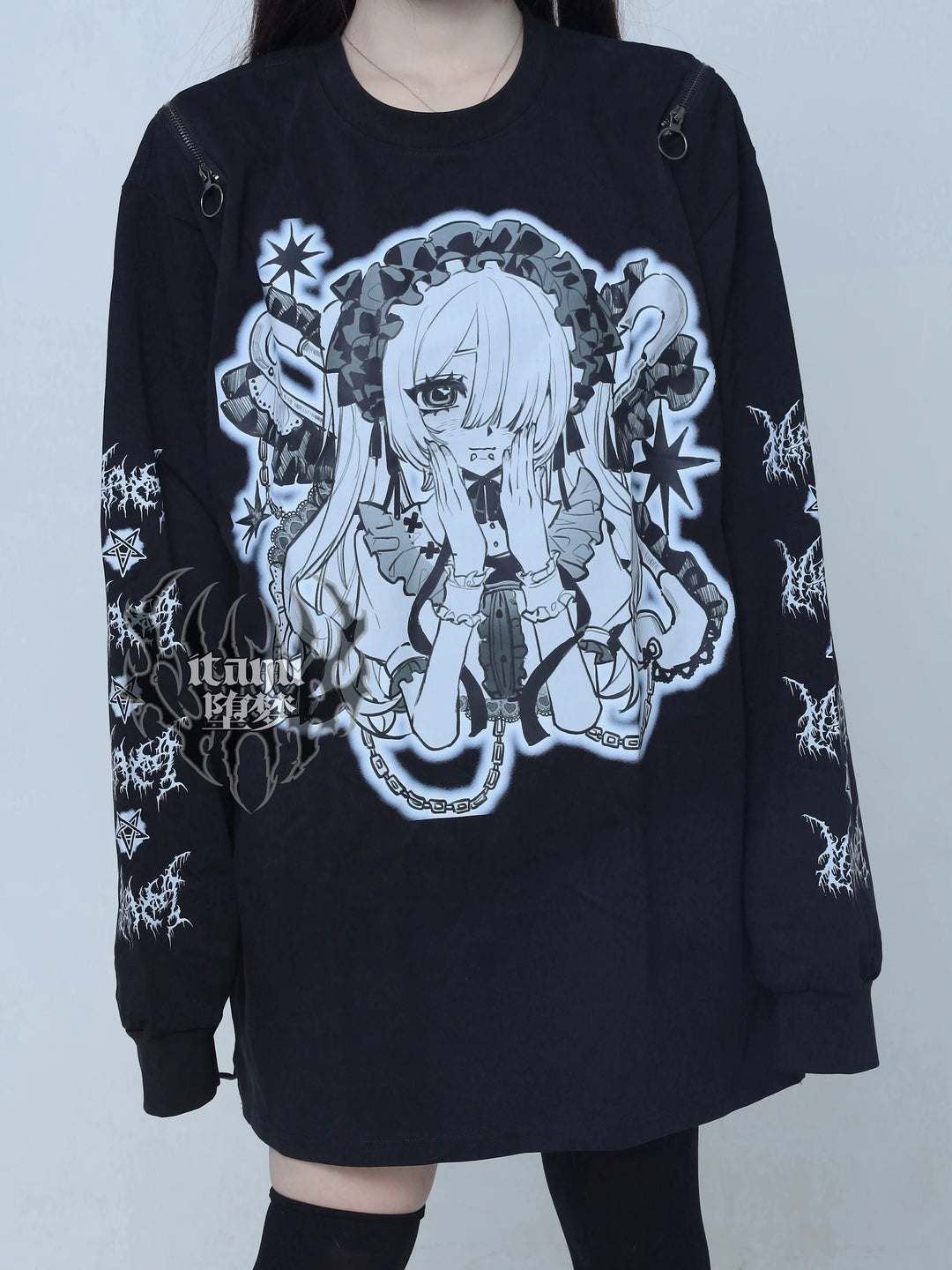 Gothic Long Sleeve Tee, Anime Print and Zipper Shoulder 44521:812666