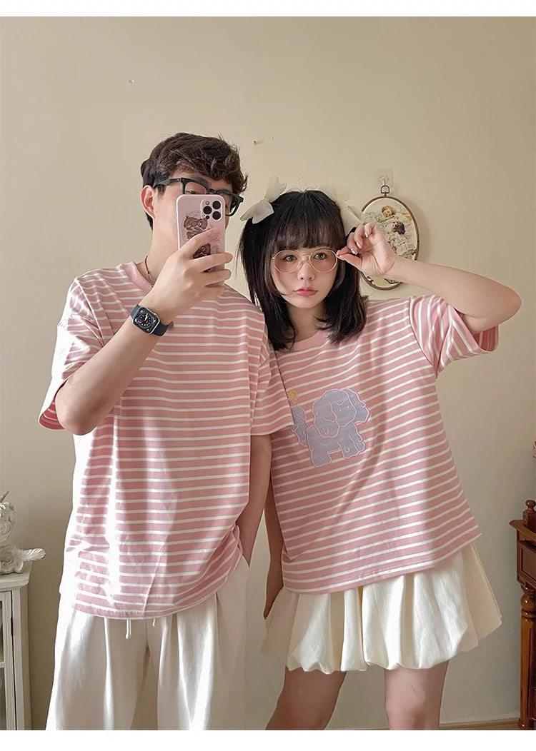 Kawaii Aesthetic Shirt Striped Short Sleeve Cotton Top 36562:518528