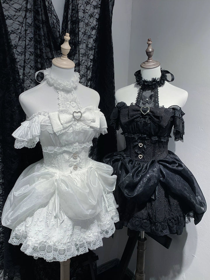 Black / White Jirai Kei Dress With Floral Lace & Halter Neck 43105:765867