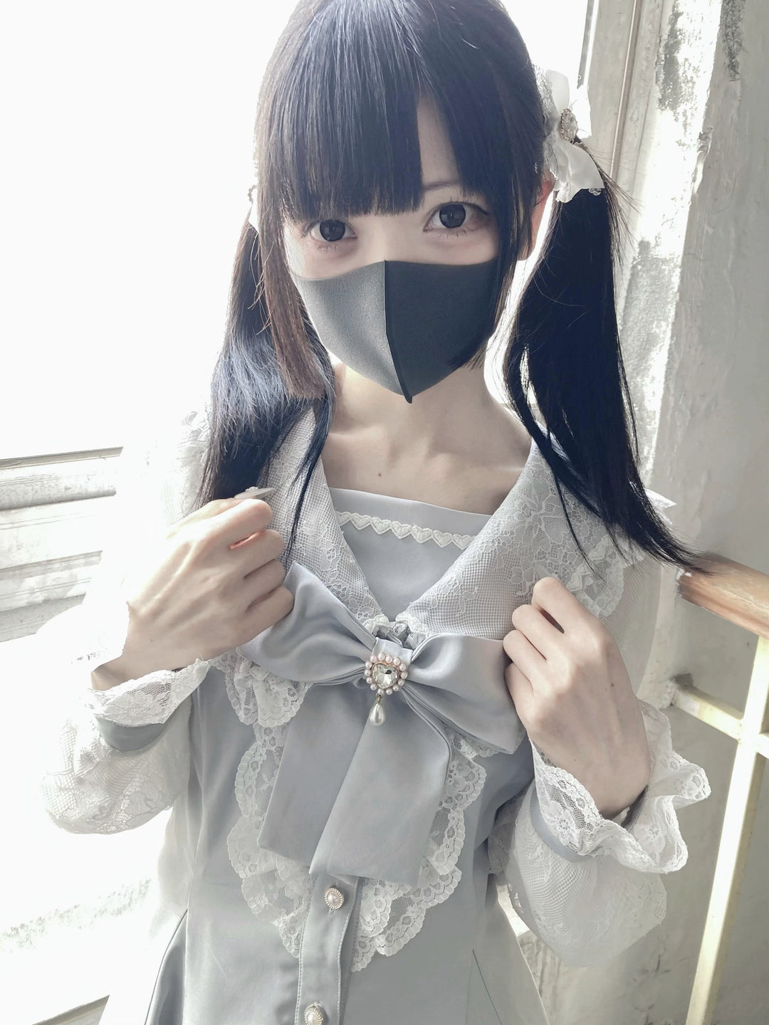 Jirai Kei Set Up Lace Sailor Collar Dress Gray Blue Dress (M) 37638:566954 (M) 37638:566954