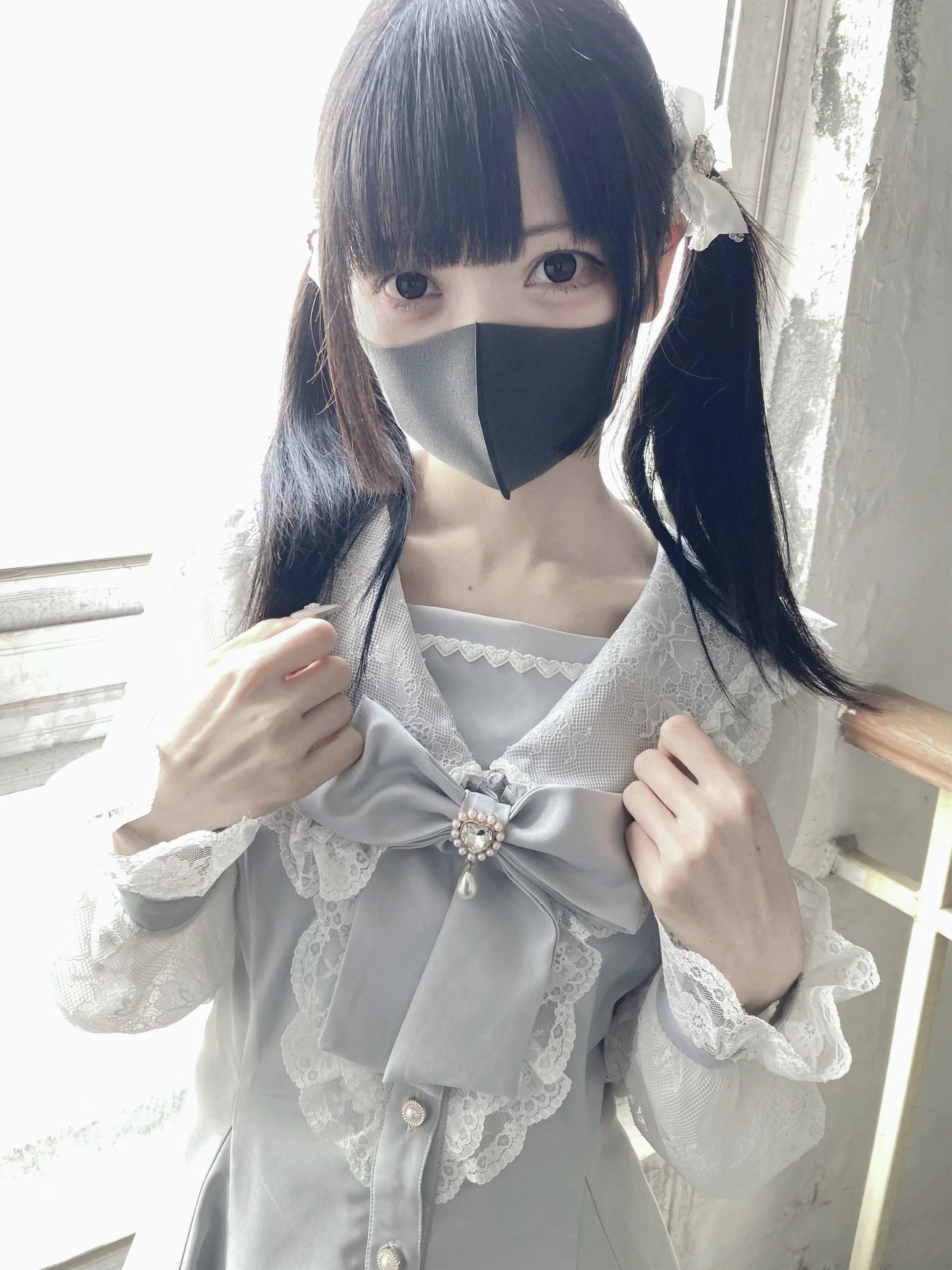 Jirai Kei Set Up Lace Sailor Collar Dress Gray Blue Dress (M) 37638:566954