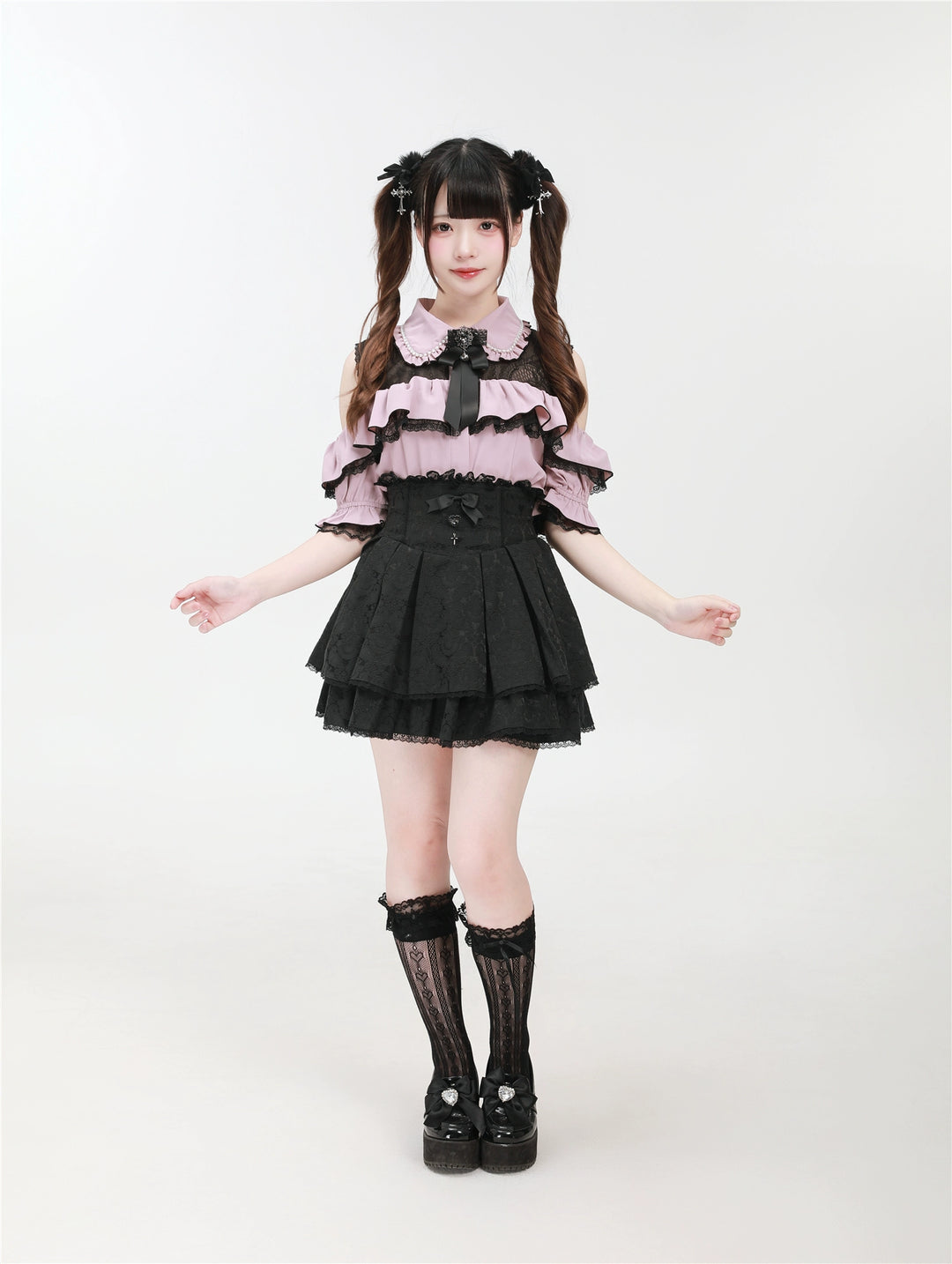 Jirai Kei Shirt with Bust Flounce Hem/Hidden Button 43035:762538