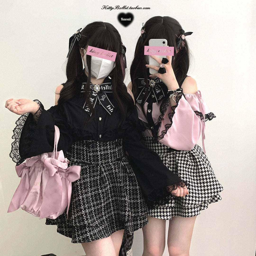 Jirai Kei Skirt Double-layer Skirt Black White Check Skirt 40018:651200