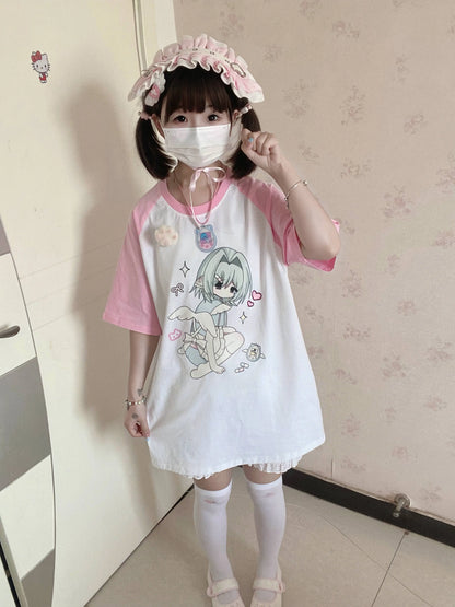 Jirai Kei Shirt Pink Raglan Sleeve Anime Top 37998:577956