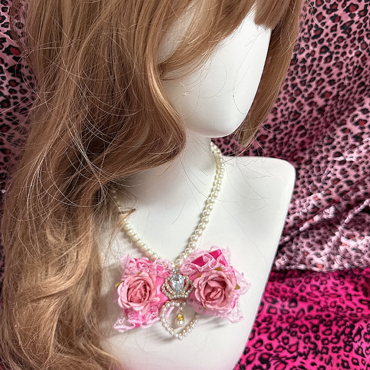 Gyaru Pearl Necklace, Floral or Heart Rhinestone Style 45564:854932