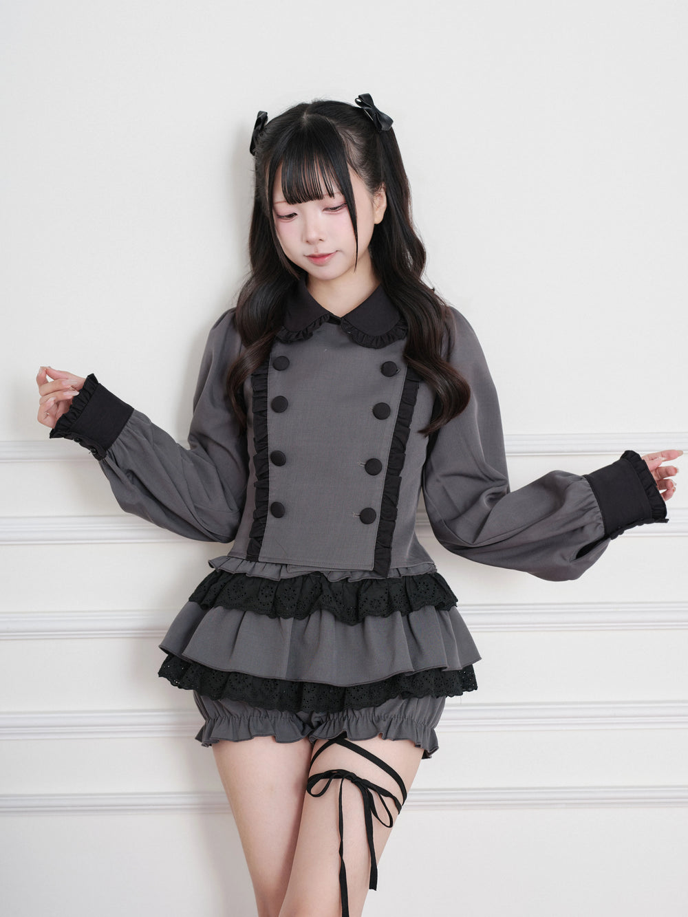 Jirai Kei Double-Breasted Top, Tiered Skort (Gray / M S) 45931:871200