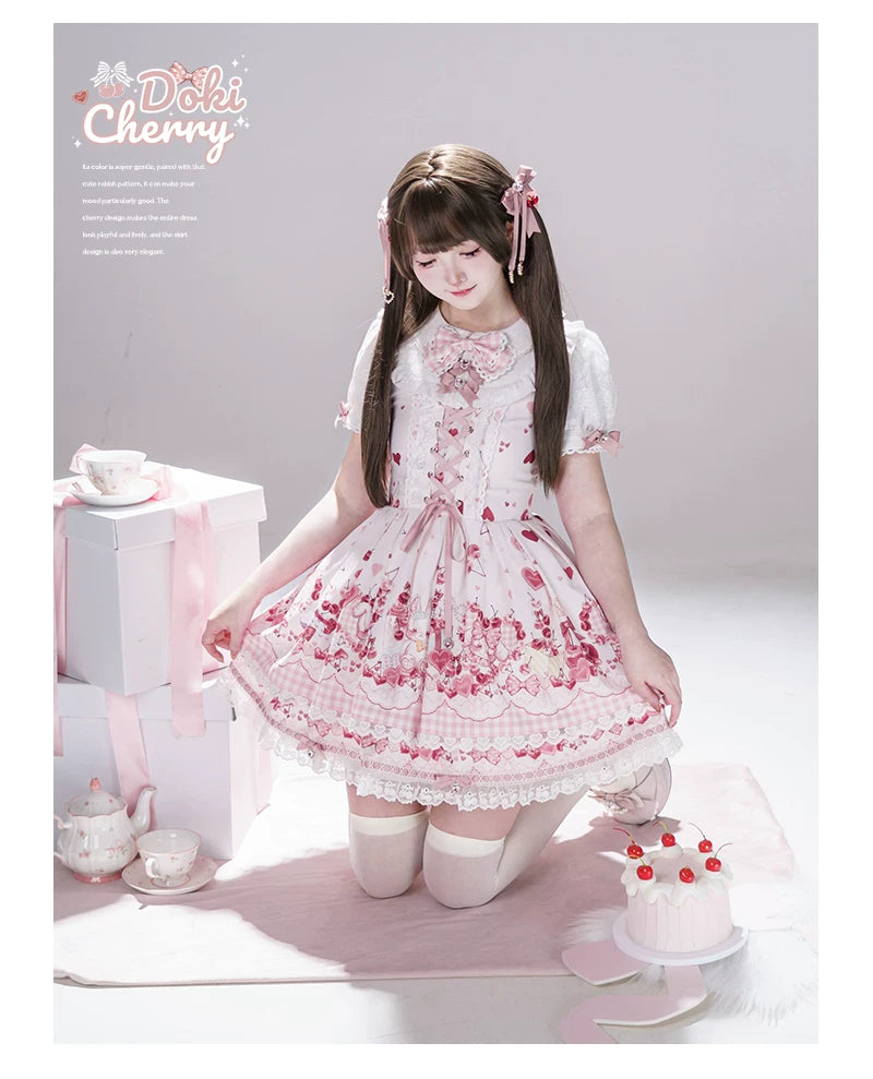 Kawaii Lolita Skirt Set, Bunny and Cherry Print 45163:838100