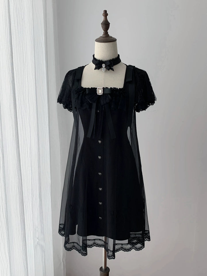 Jirai Kei Tulle Overlay Dress, Square Neckline 45558:855528