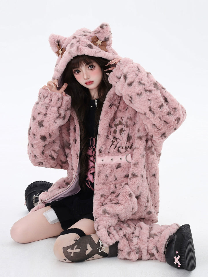 Jirai Kei Fleece Coat Leopard Print Hooded Jacket 40746:677812