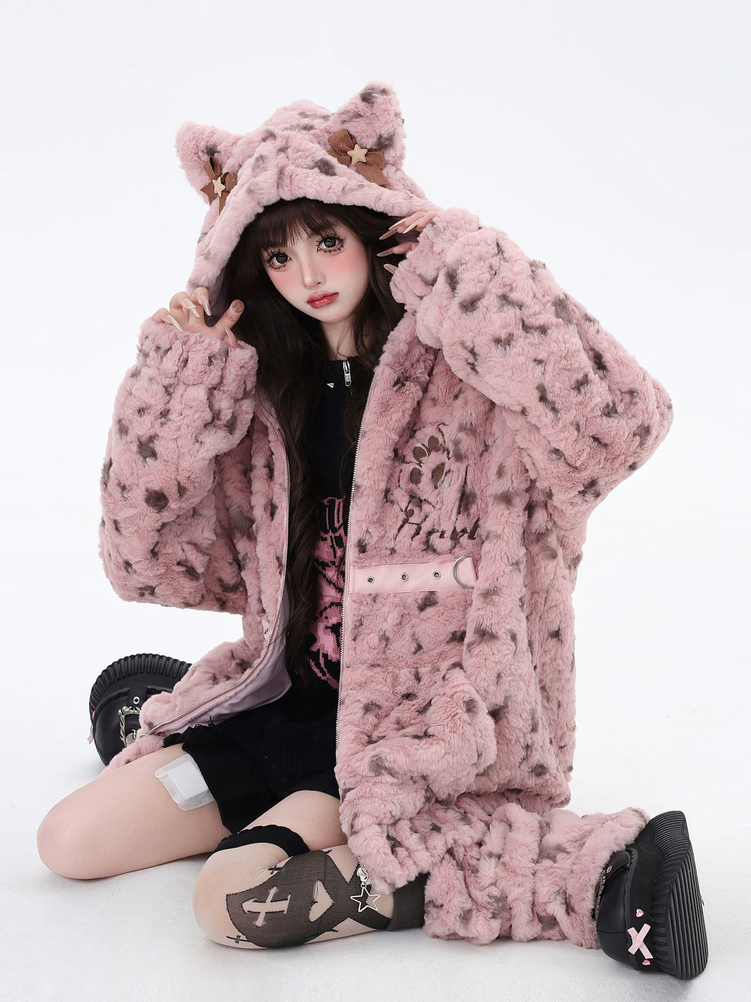 Jirai Kei Fleece Coat Leopard Print Hooded Jacket 40746:677848