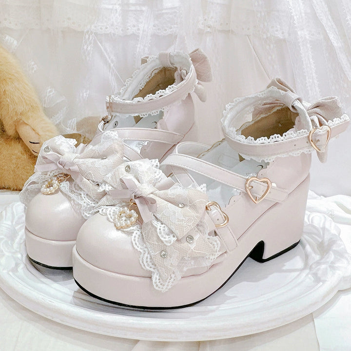 Jirai Kei Platform Shoes, Lace Bow Details, Chunky Heel (35 36 37 38 39 40 41) 43445:778190