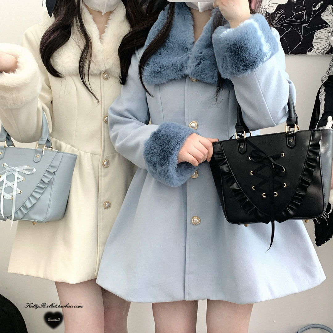 Jirai Kei Coat Detachable Fur Collar Dress Coat Wool-like Jacket 40416:667582