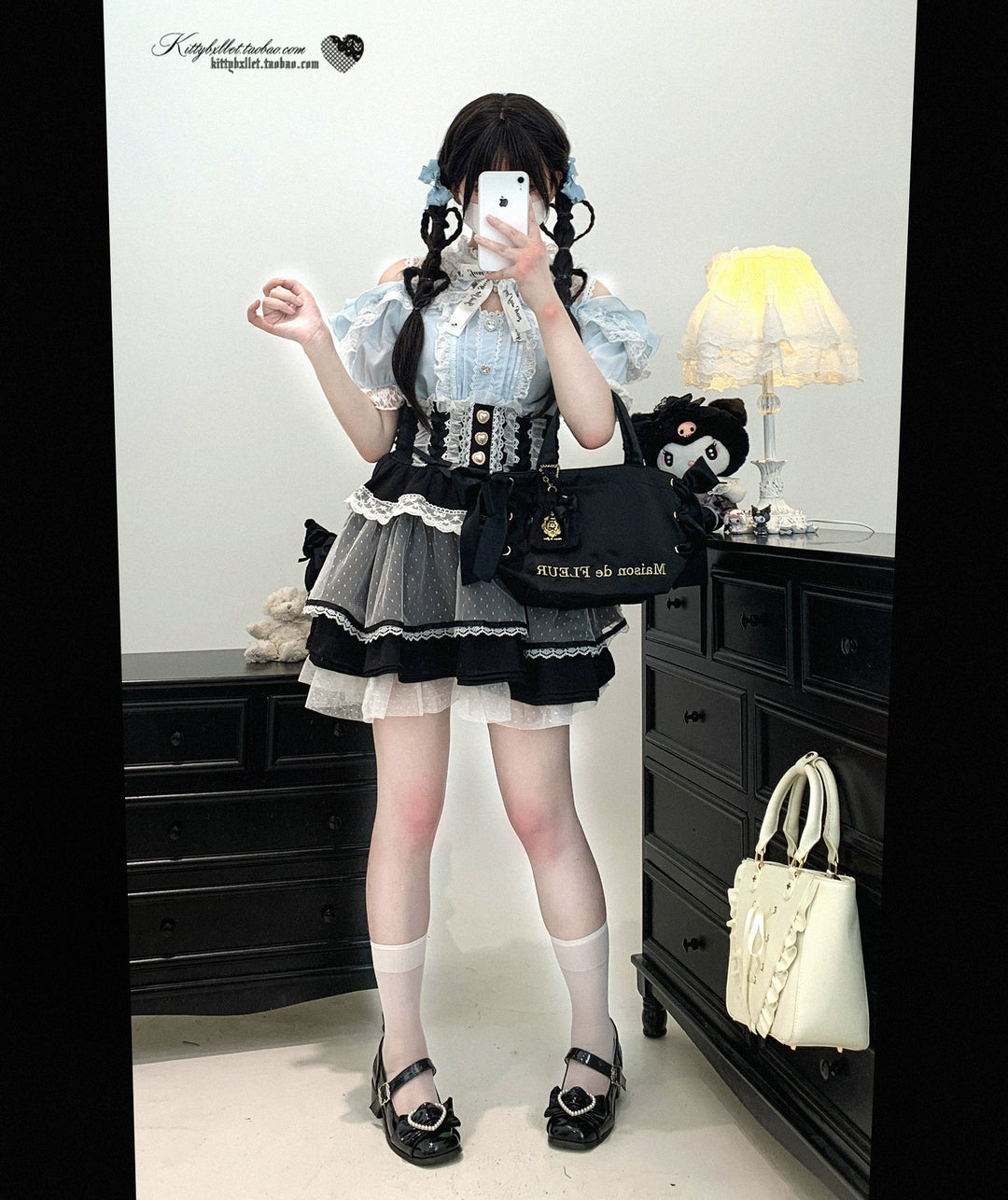 Lace Open Shoulder Jirai Kei Blouse, Heart Rhinestone 43692:783146