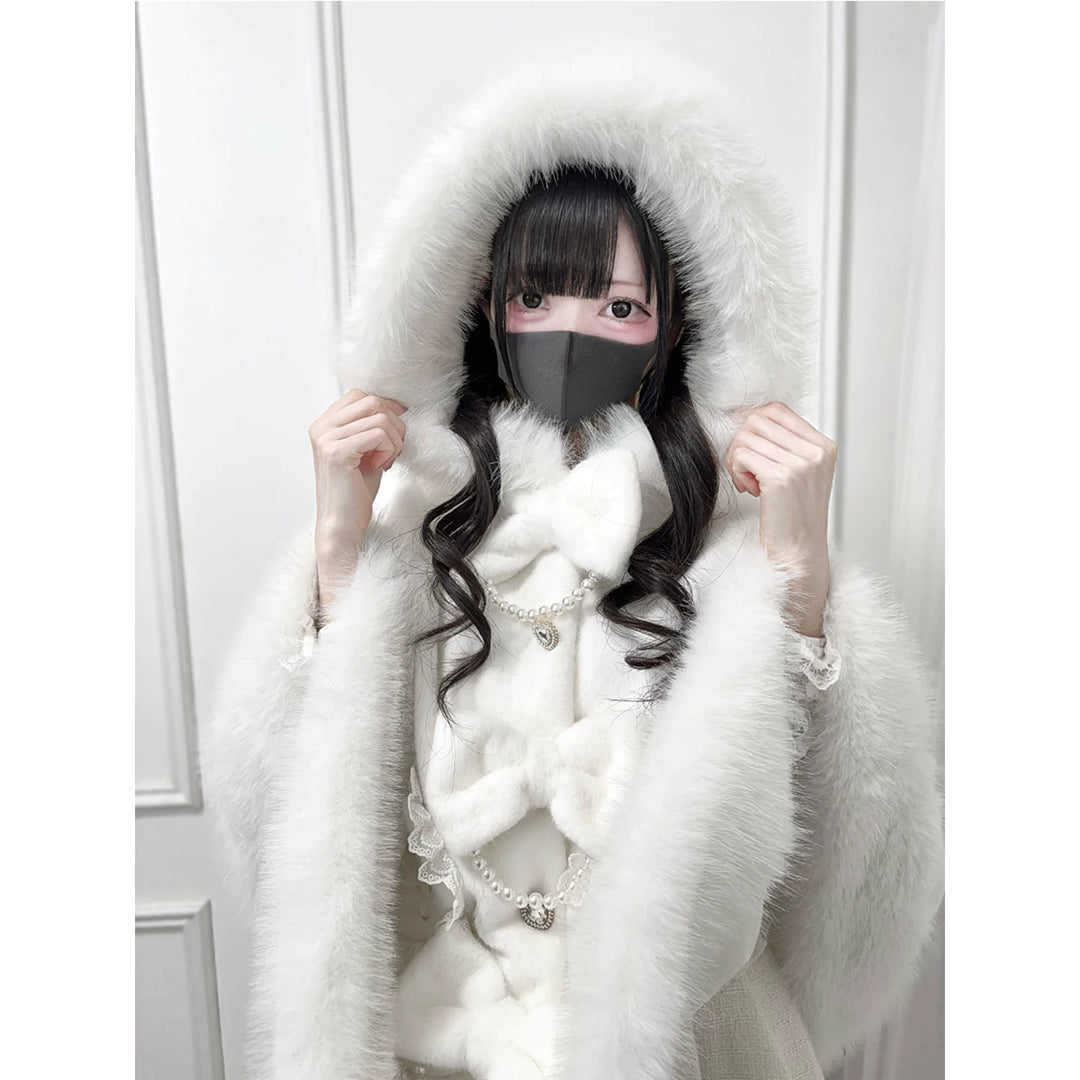 Hooded Jirai Kei Winter Cape, Bow Buttons 44428:808734