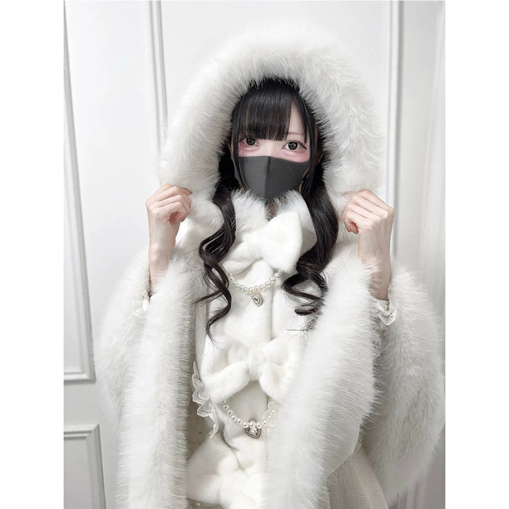 Hooded Jirai Kei Winter Cape, Bow Buttons 44428:808734